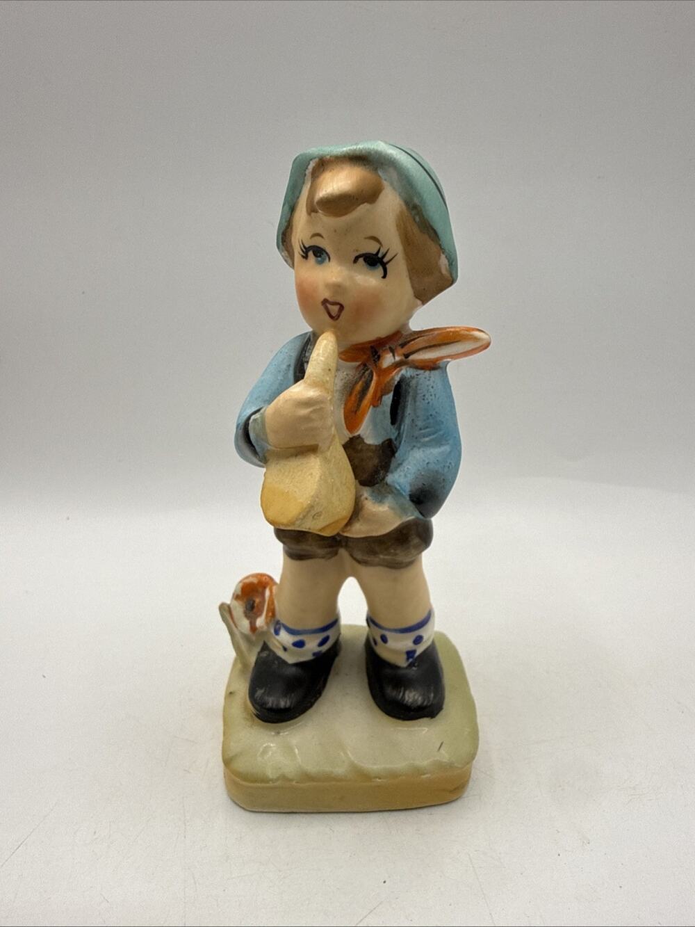 Hand Painted Ceramic Boy Figurine Holding Horn, Small Multicolor Kids Decor *